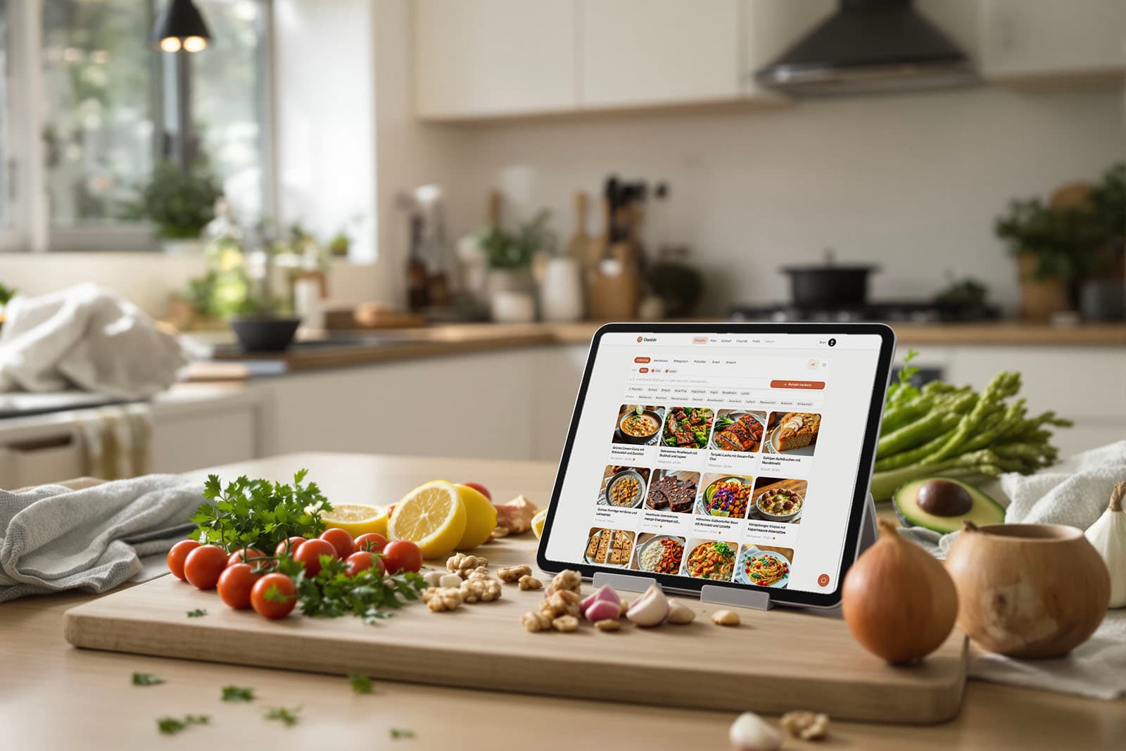 Gustido auf einem iPad in einer modernen Küche mit frischen Zutaten
