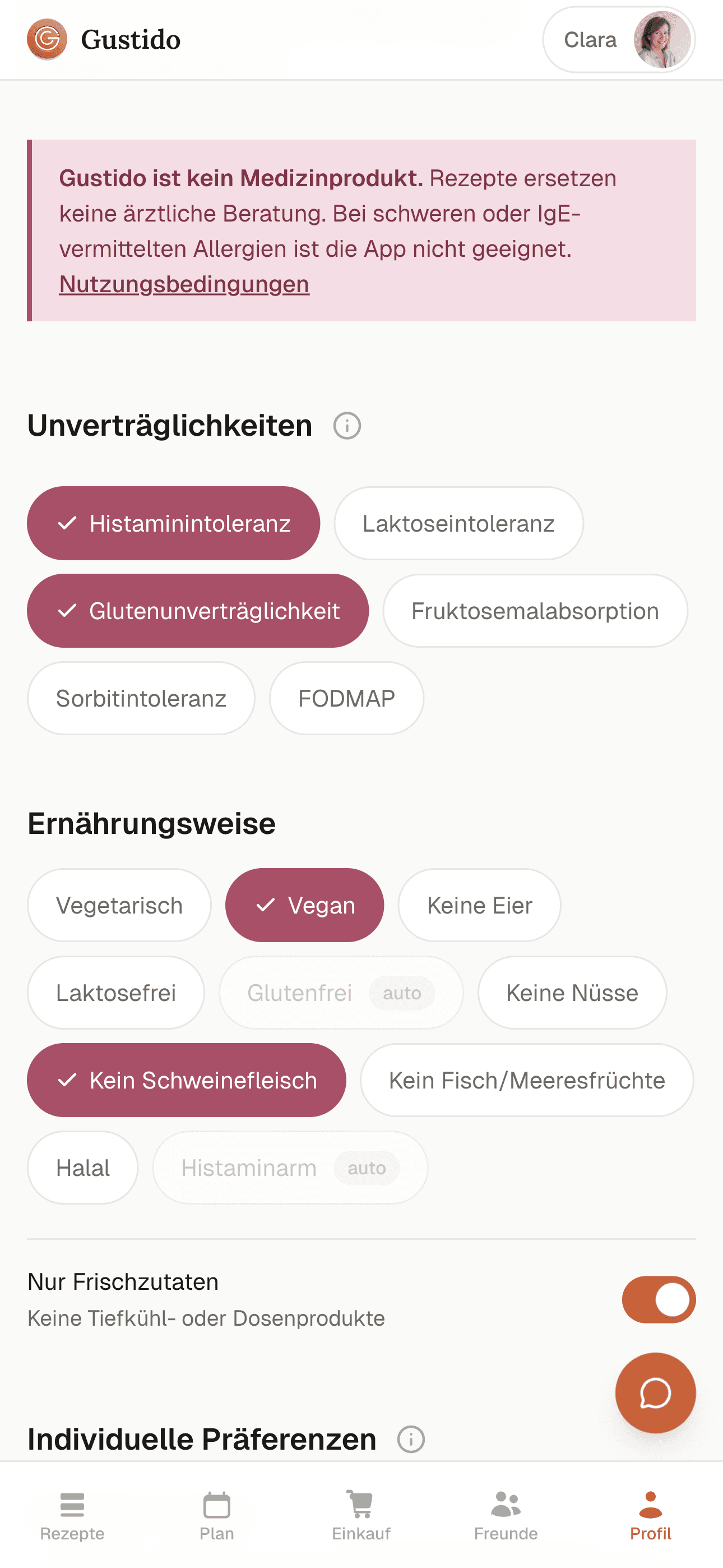 Gustido-App: Profil mit Unverträglichkeiten und SIGHI-Stufen